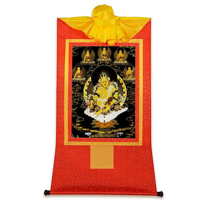 西藏鍍金燙金唐卡 《黃財神》玄關黑卡藏巴拉 唐卡畫像  精美唐卡嗨購