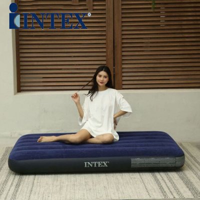 美國INTEX64757 深藍色植毛單人線拉空氣床  成人午休充氣床墊