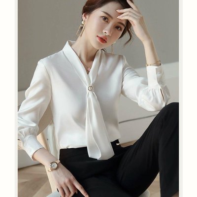 韓系時尚氣質設計領緞面襯衫上衣