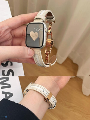 iwatch表帶高級感真皮拼帆布適用蘋果手表s87654se創意蝴蝶扣細款