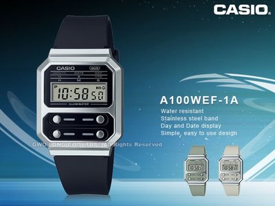 CASIO 卡西歐 電子錶 A100WEF-1A 橡膠錶帶 復古 日常生活防水 A100WE 國隆 手錶專賣店