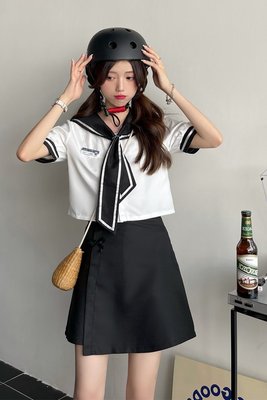 現貨熱銷-半身裙套裝女夏海軍領短袖jk襯衫韓式制服學院風夏裝兩件套小清新百褶裙套裝
