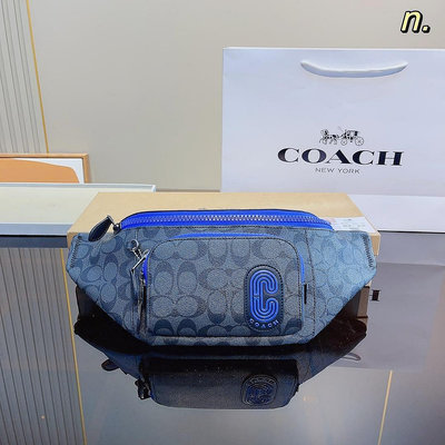 小Z代購#Coach 男款蔻馳新款胸包 藍色腰包 可調節肩帶 禮物 40*7*14cm