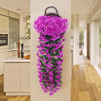 下殺 仿真紫羅蘭花藤蔓吊蘭墻壁掛塑料假花藤條裝飾室內客廳擺設件絹花