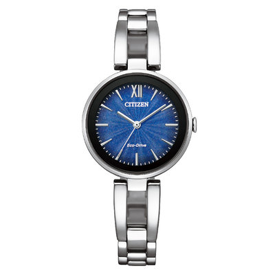 【台南 時代鐘錶 CITIZEN】星辰 手環造型 鋼錶帶 光動能女錶 EM0807-89L 藍/銀 28mm