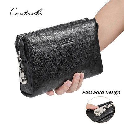 CONTACT'S 真皮男手拿包密碼設計男士手提包腕帶大容量手拿包休閒錢包袋（滿599元免運）