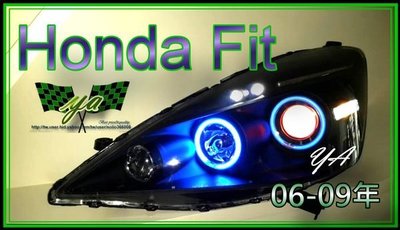 小亞車燈╠ 全新酷炫 客製化 honda fit 06 07 08 09 年 黑框 藍光圈 紅魚眼 大燈 一組 6800
