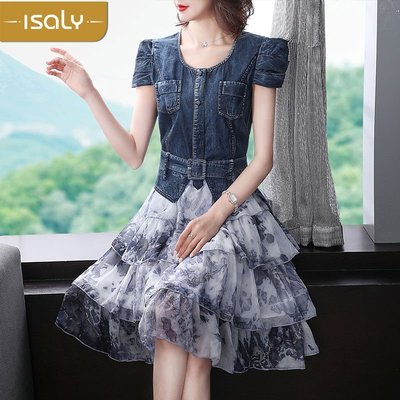 isaly2021夏季新款歐美時尚收腰顯瘦復古牛仔拼網紗A字蓬蓬連衣裙