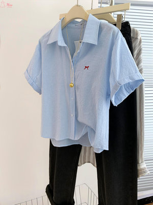 藍色條紋蝴蝶結短袖襯衫外套女夏季夏款法式小個子設計感襯衣上衣-miss木木女裝