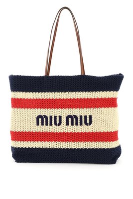 【折扣預購】21秋冬正品MIU MIU logo藍色紅色米色 拉菲草編包 托特包 手提袋 5BG228