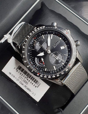 HUGO BOSS Pilot Edition 黑色錶盤 銀色不鏽鋼編織網狀錶帶 石英 三眼計時 男士手錶 1513886