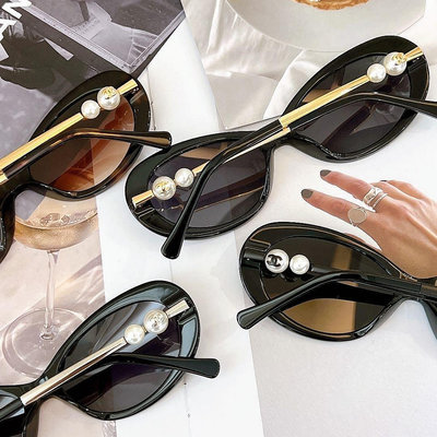 Chanel 香奈兒 雙珍珠太美！！小圓黑色墨鏡 太陽眼鏡 高顏值防紫外線 高級貓眼 很修飾臉型 漂亮
