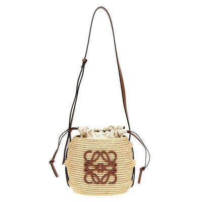 【LOEWE 羅威】Beehive 酒椰纖維 草編 蜂窩 肩背包 水桶包 自然色 古銅色
