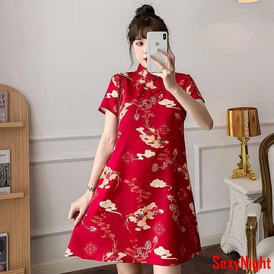 Sexy Night中國風改良式旗袍 復古喜慶大紅色洋裝新款寬鬆大尺碼年輕款旗袍