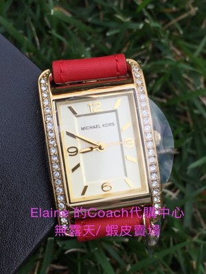 EL~MK MK2380 金色水鑽 長方形錶面 紅色皮革錶帶 手錶 現貨 付購買收據 4980含運