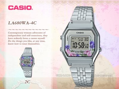 CASIO 卡西歐 國隆 手錶專賣店 LA680WA-4C 女錶 數字電子 秒錶 碼錶 復古型 LED照明 碼錶