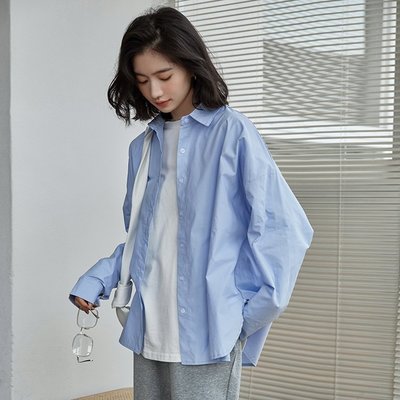 熱銷 設計感小眾藍色襯衫女氣質2022年秋季新款百搭港味韓版上衣襯衣潮*