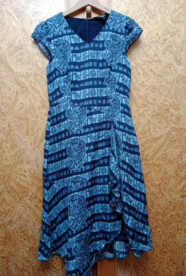 洪秀女 藍色30%真絲圖騰洋裝  C323-8694  9號