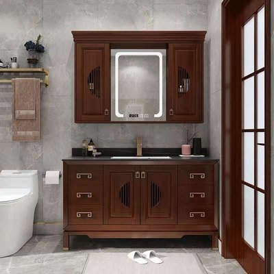 新中式浴室柜組合巖板隱藏風水鏡柜衛生間實木橡木洗臉盆柜洗漱臺