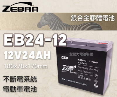 全動力-ZEBRA 斑馬電池 EB24-12 12V24AH 銀合金膠體電池 密閉式免加水 電動車電池 同WP24-12