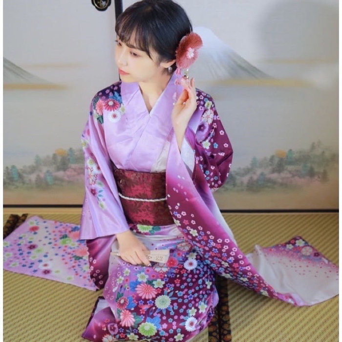 最終価格　結城紬　市松　絣　ぼかし　紫　単衣　着物　正絹コンパクトな梱包になります