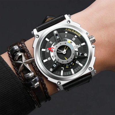 FAERDUO 法爾多 個性大錶面立體多層次錶盤創意概念設計軍事造型款 時尚潮流型男石英錶 歐美訂單