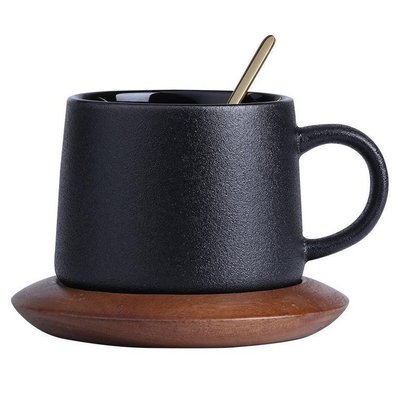 【熱賣下殺】歐式簡約陶瓷杯帶蓋勺黑色磨砂咖啡杯配底座創意馬克杯咖啡廳水杯#