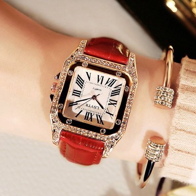 2023新款復古女錶韓版水鉆時尚學生石英錶皮帶方形鑲鉆女士手錶