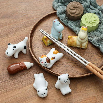 4款裝貓咪鯨魚陶瓷筷子托筆托卡通兔子筷架筷托餐桌筷枕新家餐具