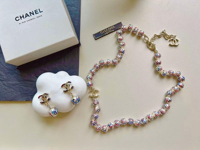 Chanel 香奈兒中古vintage紅藍琺瑯涂鴉珍珠項鍊耳