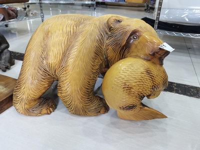 【二手】日本 北海道木雕熊叼魚 榧木一木整雕 造型神態飽滿36689【古玩天下】圓雕 根雕  檀木