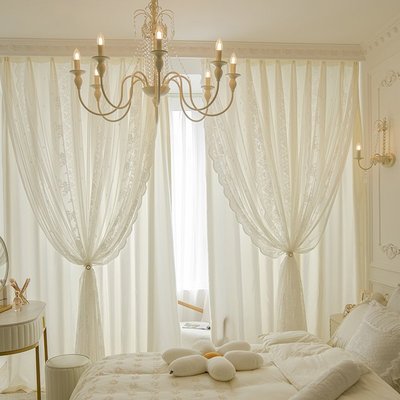 熱銷 雙層公主風法式輕奢白色蕾絲米色紗簾透光不透人臥室飄窗窗簾