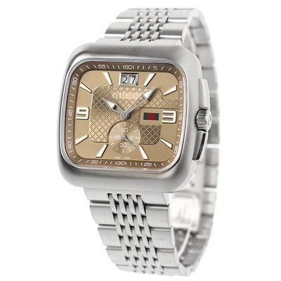 GUCCI YA131301 古馳 手錶 42mm 卡其色面盤 不鏽鋼錶帶 男錶 女錶