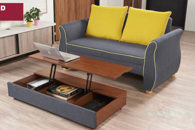 【生活家傢俱】HJS-334-1：灰布功能沙發床【台中家具】雙人布沙發+升降茶几 亞麻布 鋼鐵椅架 雙人床