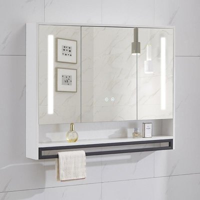 特賣- 風水鏡實木浴室鏡柜掛墻式衛生間智能洗手間置物架收納梳妝鏡柜