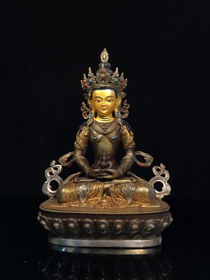純銅畫臉鑲嵌松石珊瑚搓金鎏銀長壽佛佛像，重2.1公斤，46080R