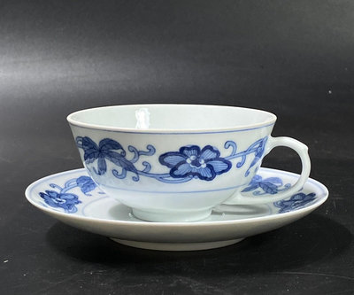 新中國50-60年代家家用瓷，青花秋葵杯碟咖啡茶杯茶托