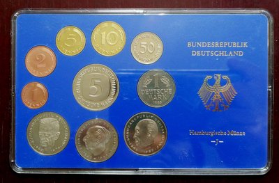 現貨熱銷-【紀念幣】聯邦德國硬幣10枚全套馬克精制盒裝幣,含3枚2馬克(1974--1999)