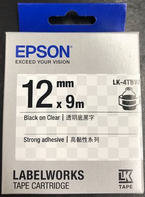 EPSON愛普生 12mm *9m 原廠標籤機色帶 高黏性系列 LK-4TBW. 透明底黑字