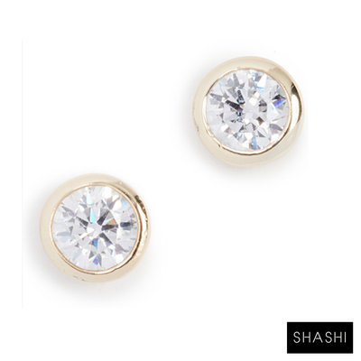 SHASHI 紐約品牌 Solitaire 圓形單鑽耳環 925純銀鑲18K金