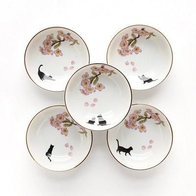 現貨熱銷-日本進口九谷燒陶瓷可愛櫻花小黑貓餐具碗套裝日料圓形米飯碗禮盒