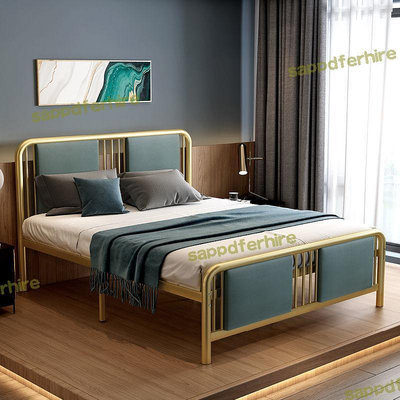 【現貨】簡約輕奢新中式鐵藝床1.2米1.8米金色軟靠鐵床架金屬雙人鐵床