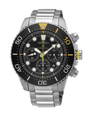 【金台鐘錶】SEIKO精工 光動能 DIVERS 三眼計時 鋼帶 200米 潛水錶-黑黃配色 (SSC613P1)