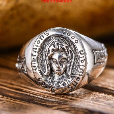 s925純銀飾品圣母瑪利亞頭像男女款復古時尚個性潮開口戒指
