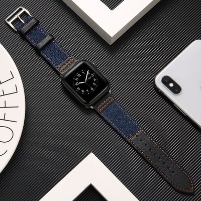 新款 蘋果手錶錶帶 適用於Apple Watch 5代 牛仔布真皮錶帶 iWatch4/3/2/1代 運動錶帶 44mm-337221106