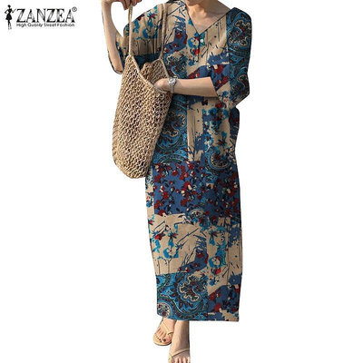 Zanzea 女士韓國日常 3/4 袖 V 領印花落肩寬寬鬆長連衣裙（滿599元免運）
