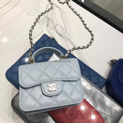 【二手】Chanel香奈兒女包藍色羊皮鏈條迷你mini口蓋零錢包斜挎包手提包