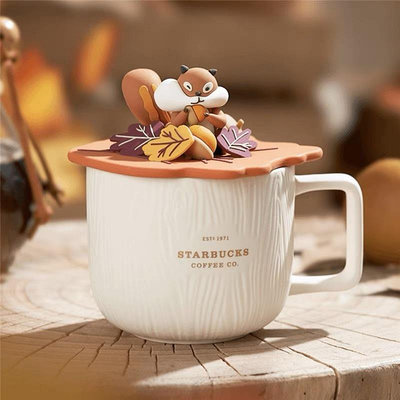 馬克杯 星巴克樹樁松鼠木紋帶蓋咖啡杯 松鼠楓葉造型馬克杯盤組 陶瓷水杯