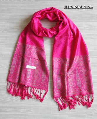 正品100%PASHMINA喀什米爾羊毛雙面會呼吸的圍巾披肩-桃紅花圖-送禮自用溫暖貼心禮物