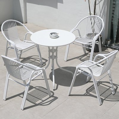 WAN戶外桌椅庭院帶傘咖啡桌椅白色簡約室外陽臺鐵藝桌椅套件組合-促銷